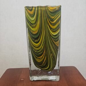 Global Views Marbleized Swirl Blown Glass Vase 9” Green Yellow